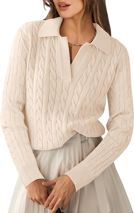 Sundazz Womens Cable Knit Sweaters Long Sleeve V Neck Pullover Fall Winter Sweater Tops Casual Polo Shirts