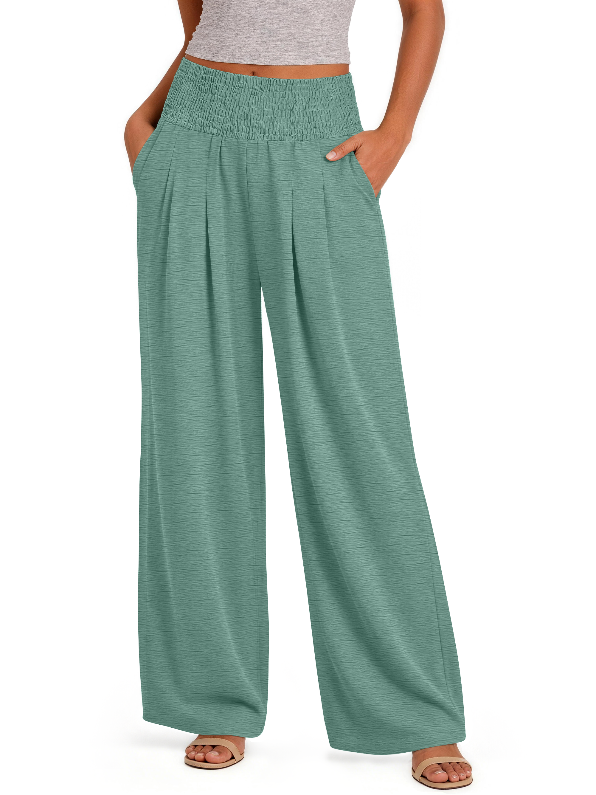 Sundazz Wide Leg Pants for Women Summer Smocked Waisted Palazzo Pants Baggy Flowy Trousers, XS-XL