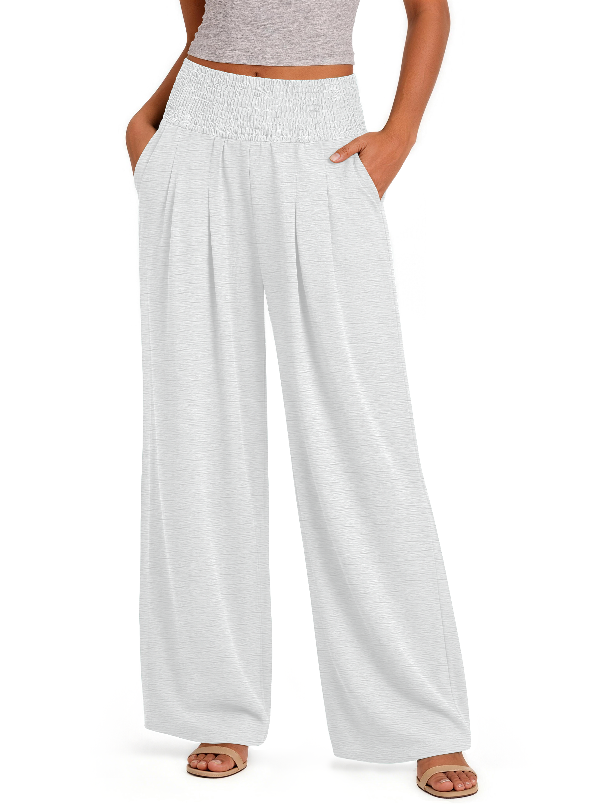 Sundazz Wide Leg Pants for Women Summer Smocked Waisted Palazzo Pants Baggy Flowy Trousers, XS-XL